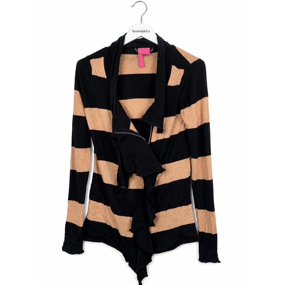 Charlotte Cardigan Women Medium Black Tan Cotton Striped Asymmetric Zip Ruffle